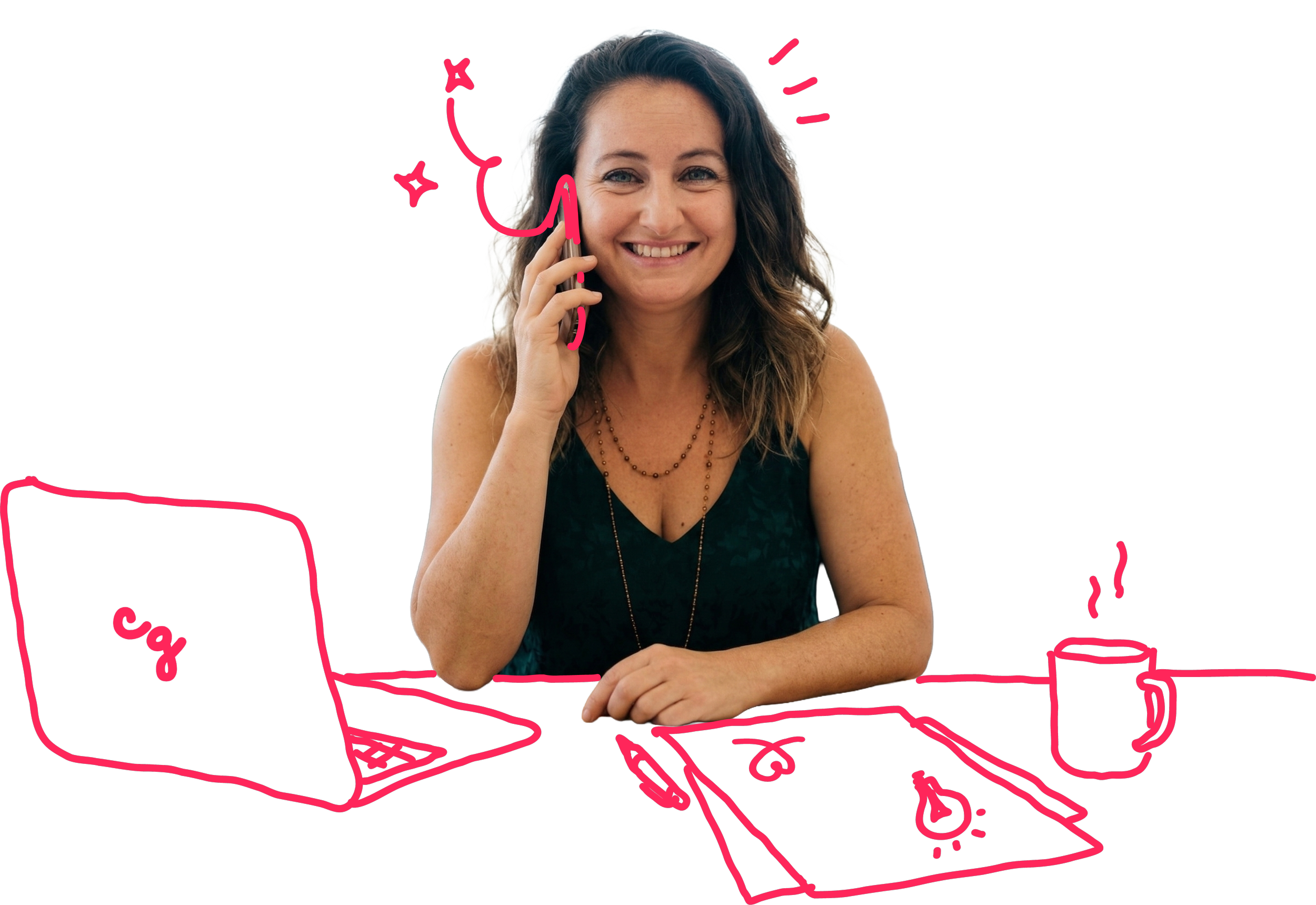 A woman with brown, curly hair smiling and talking on a cell phone, sitting at a desk with a laptop, a notebook, a pen, a coffee mug, and a steaming cup, with pink hand-drawn doodles of the laptop, mug, and notepad surrounding her.