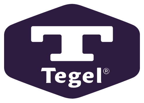 Tegel logo with a stylized 'T' in the center and the brand name underneath, set inside an irregular purple shape.