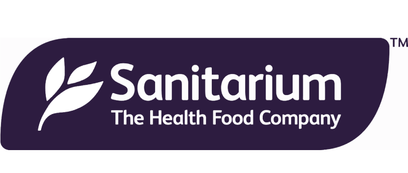 Sanitarium logo with a black leaf design and purple text that says 'Sanitarium' and 'The Health Food Company'.