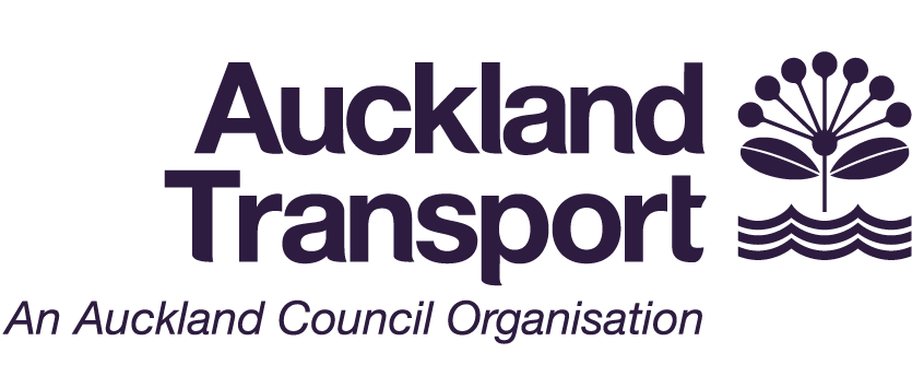 Auckland Transport logo with purple text and a stylized flower and wave icon, accompanied by the slogan 'An Auckland Council Organisation'.