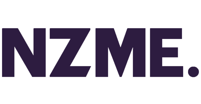 The logo features the letters 'NZME' in bold, dark purple font with a period at the end.