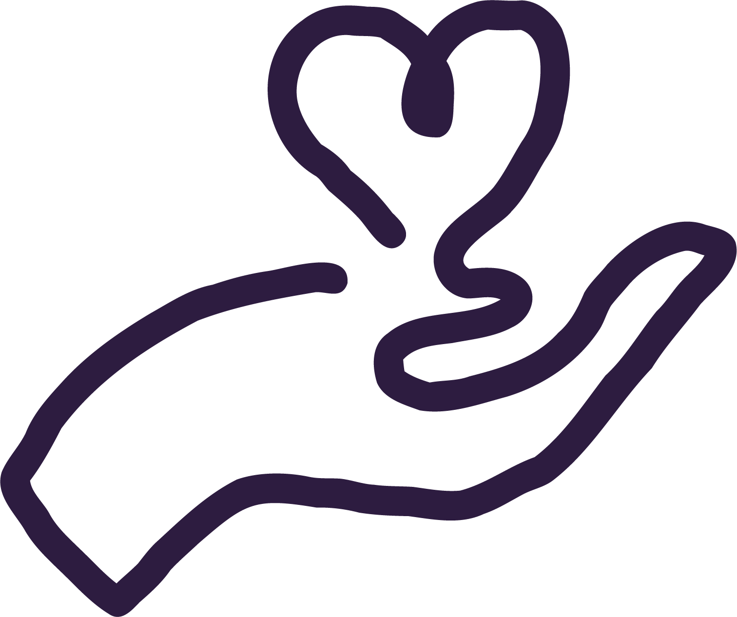 Outline drawing of a hand holding a heart-shaped object, with a curly line connecting the heart to the hand.