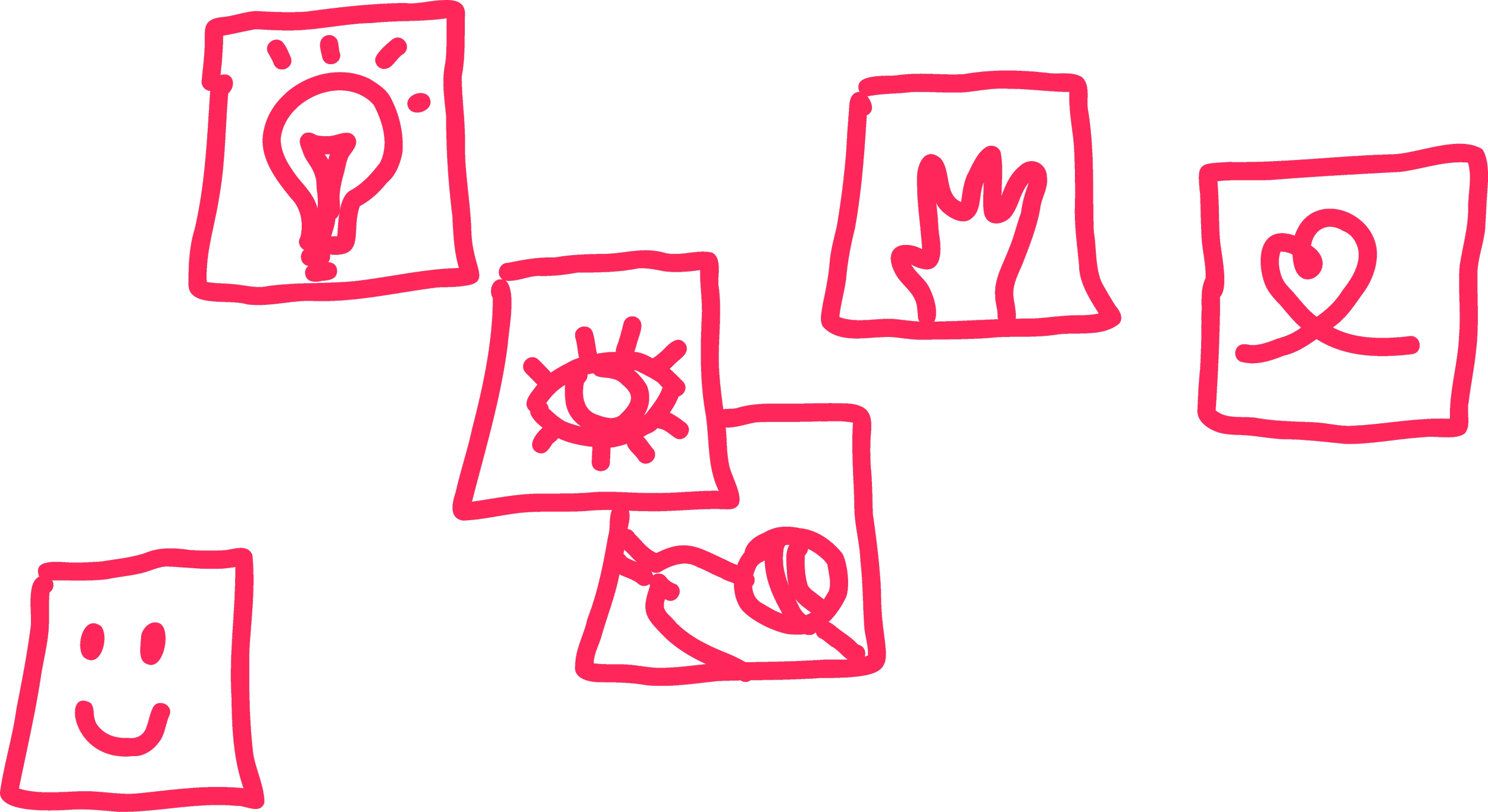 Drawings of Post-its with various symbols on black background, including a light bulb, an eye, a flame, a heart, a smiley face, and a ball of yarn, all outlined in pink.