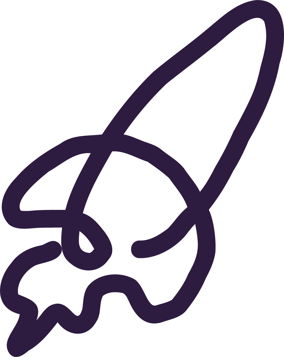 Line drawing of  a rocket launching from the top, depicted in dark purple outline.