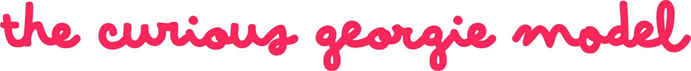 Text that says "the curious georgie model" written in pink, cursive font.