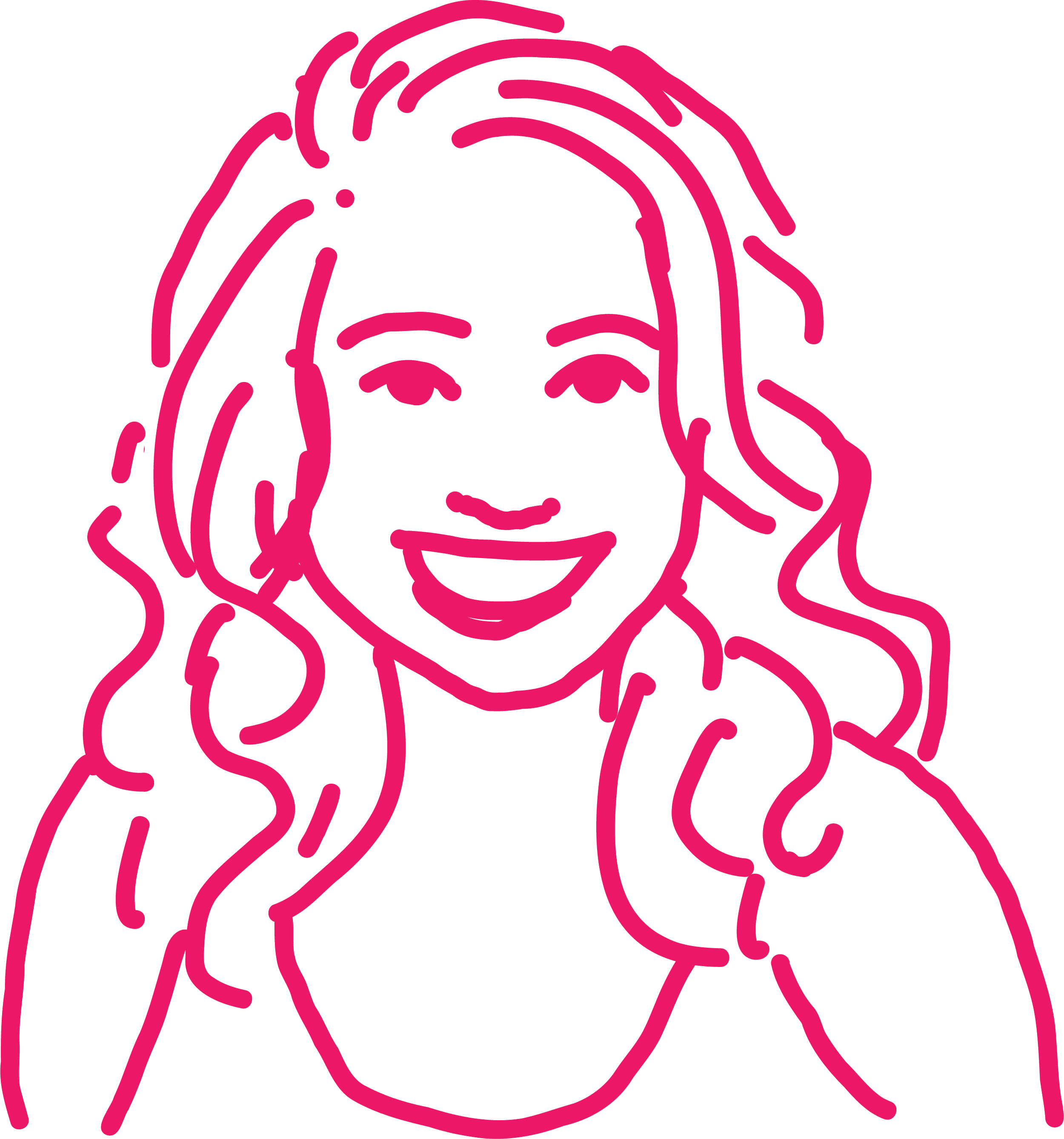 Line drawing of a Georgie Smith, with wavy hair, in neon pink outline against a black background.
