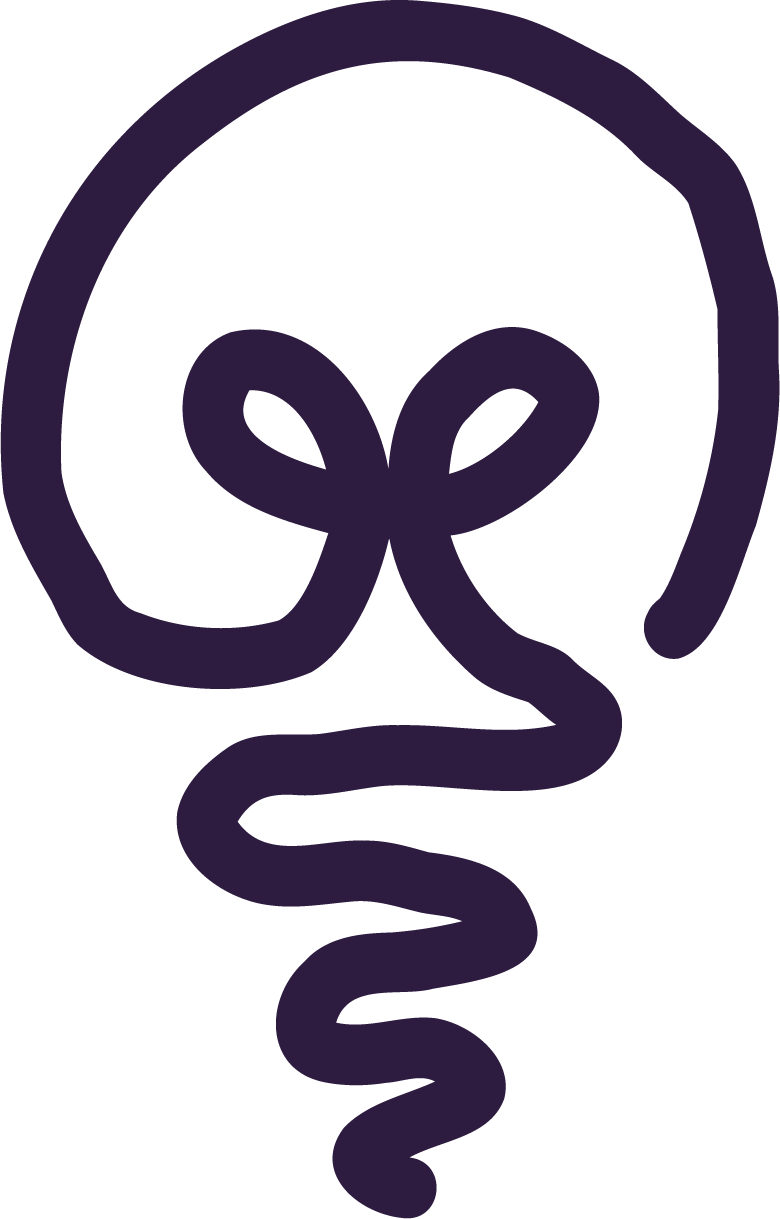 Line drawing of  a light bulb, depicted in dark purple outline.