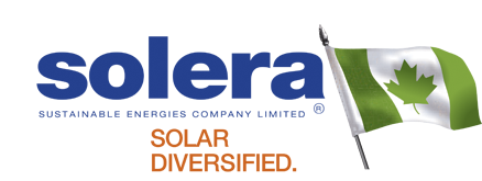 A Canadian flag on a flagpole with a blue background. Solera Sustainable Energies.