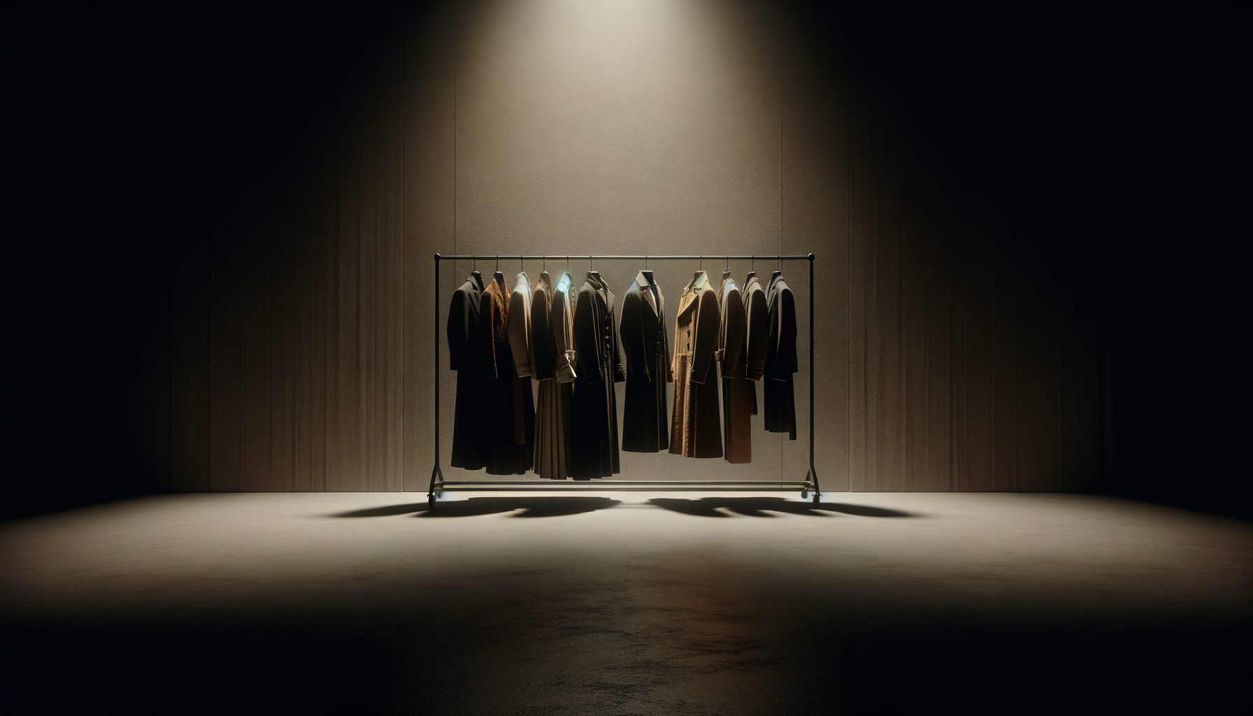 Clothing rack with various coats and jackets in a spotlighted, minimalist setting.