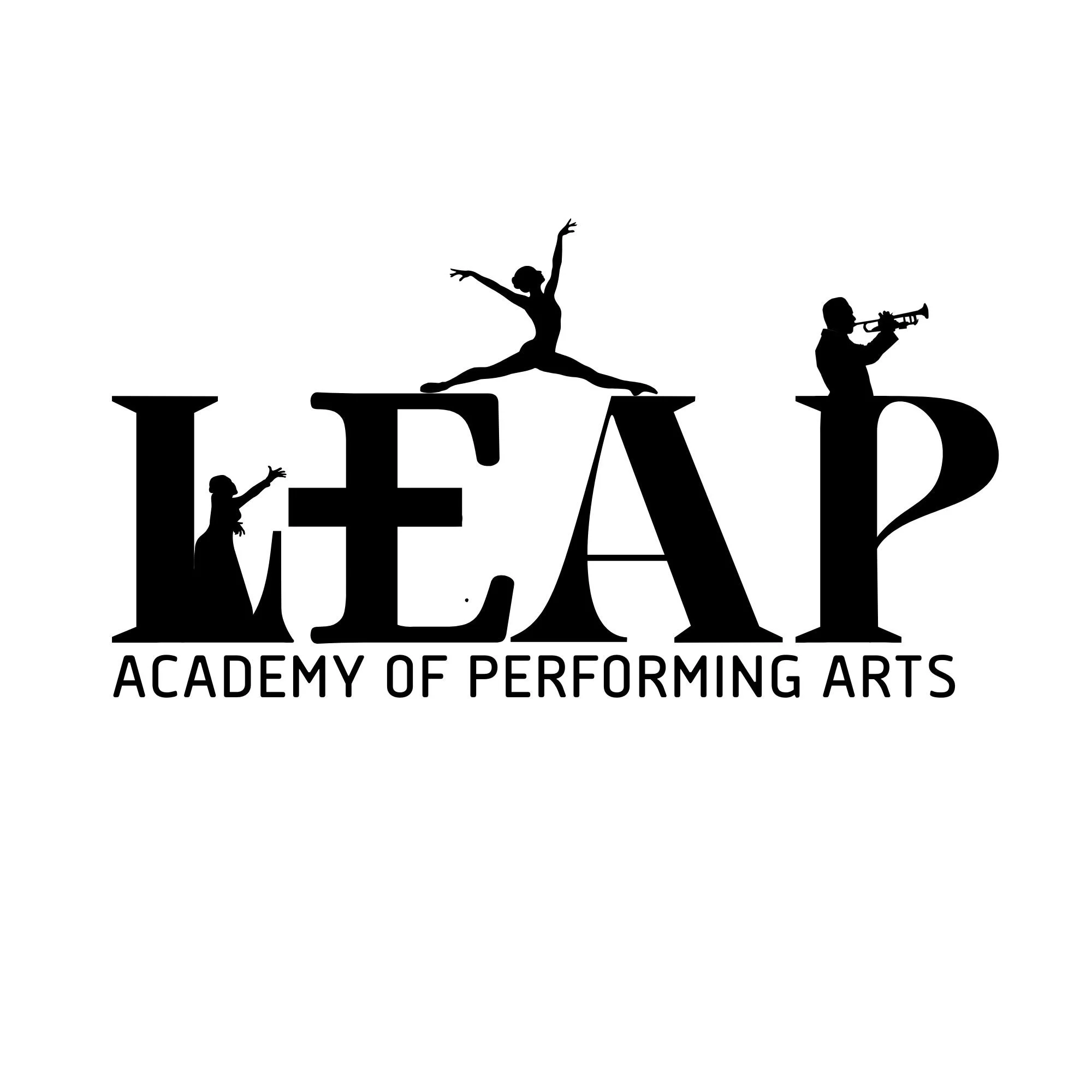 Logo for LEAP Academy of Performing Arts featuring silhouettes of performers, including a dancer, a singer, and a musician, integrated with the text "LEAP" and "Academy of Performing Arts".