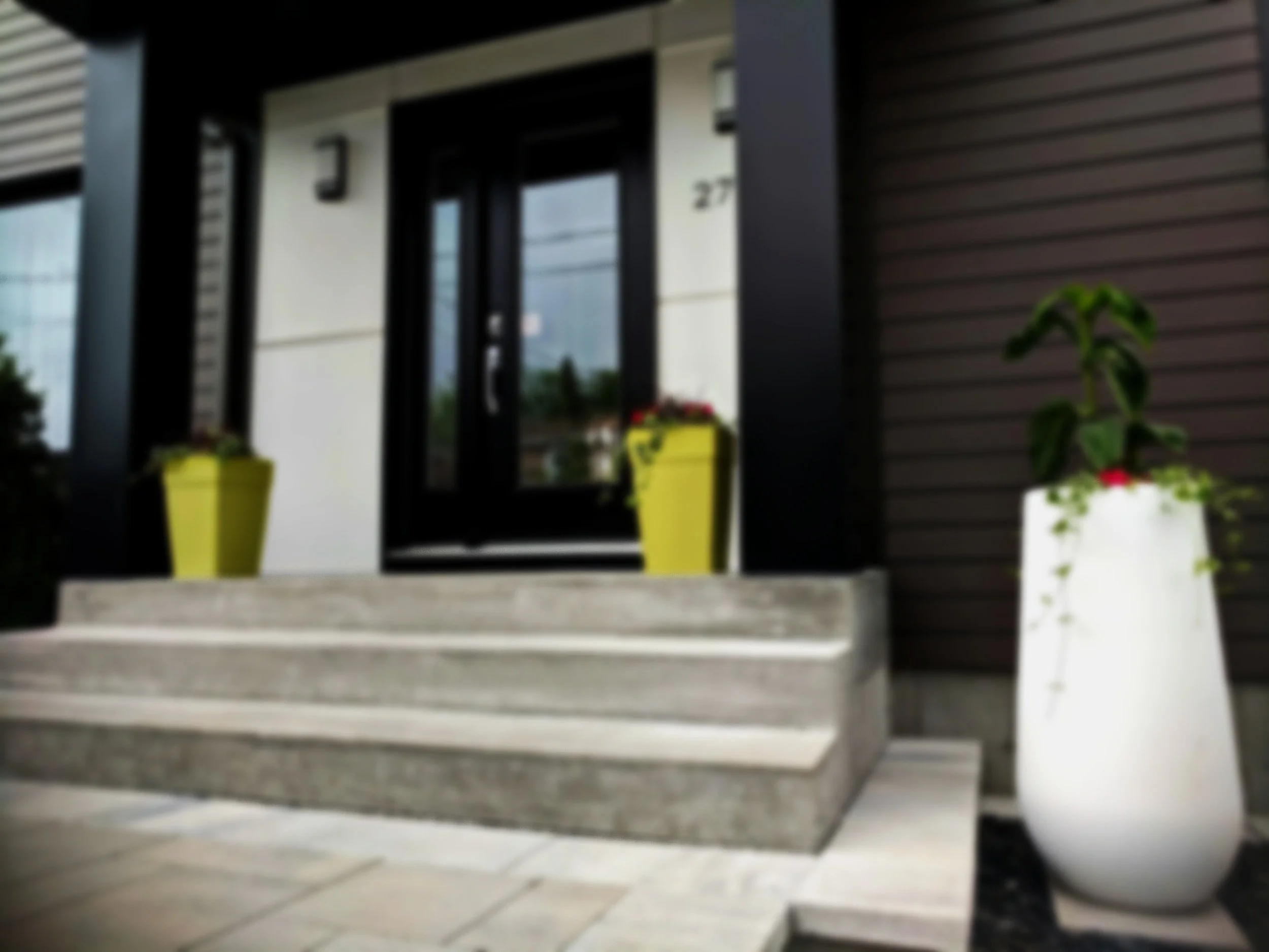 Blurred image of a modern house entrance with concrete steps, black door, and large white planter with a green plant on the right side.