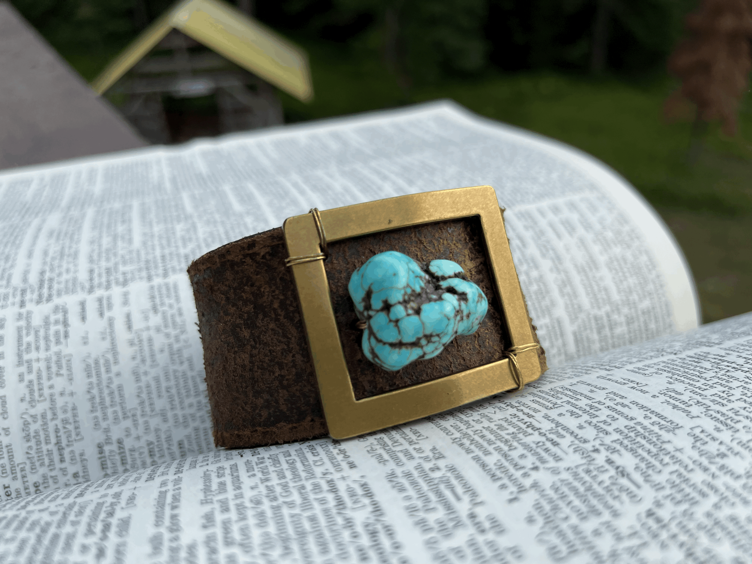 Handmade Leather Bracelet with Brass Square Frame with Turquoise Center