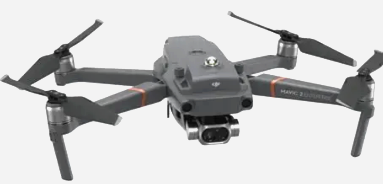 A DJI Mavic 2 Pro drone with three propellers on each arm and a camera mounted underneath.