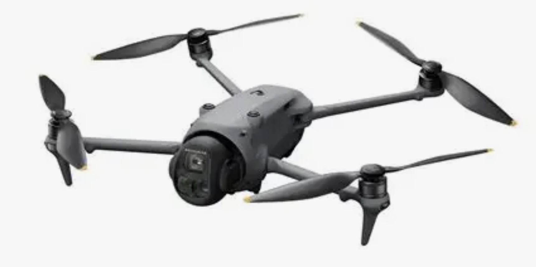 A black quadcopter drone with four rotors and camera mounted underneath.