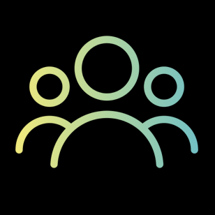 Stylized line drawing of three people in different colors on a black background.