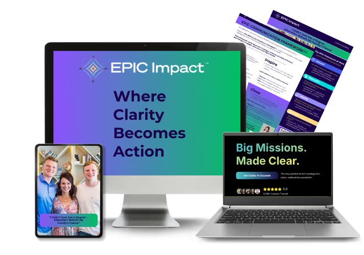 Various digital screens displaying the EPIC Impact program materials, including a desktop monitor with the phrase "Where Clarity Becomes Action," a laptop with "Big Missions. Made Clear," a tablet showing a family selfie with a caption, and printed documents with colorful headers about communication frameworks.