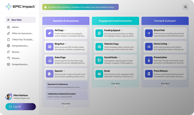 Screenshot of a digital dashboard with sections titled Acquisition & Awareness, Engagement and Conversion, and Formal & Outreach, showing options for marketing and communication activities.