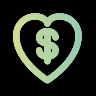 Heart-shaped outline with a dollar sign inside, glowing in gradient colors.