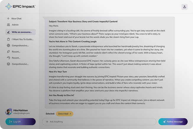 Screenshot of an online messaging platform with a promotional message about transforming business storytelling, featuring a purple and white interface, a message compose box with 'Direct Mail' selected, and a 'Log Off' button.