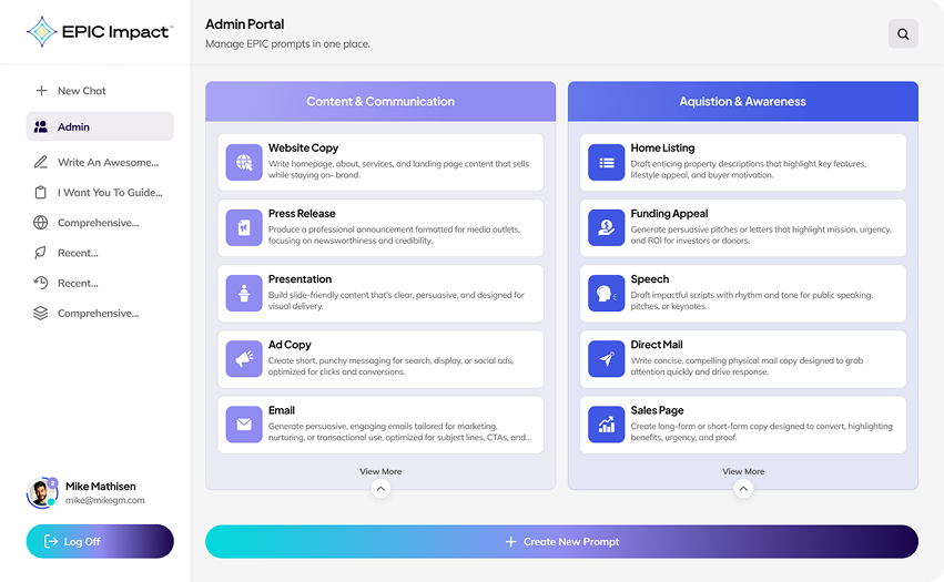 Screenshot of the EPIC Impact Admin Portal with sections for Content & Communication and Acquisition & Awareness, showing various options for website copy, press release, presentation, ad copy, email, home listing, funding appeal, speech, direct mail, and sales page.