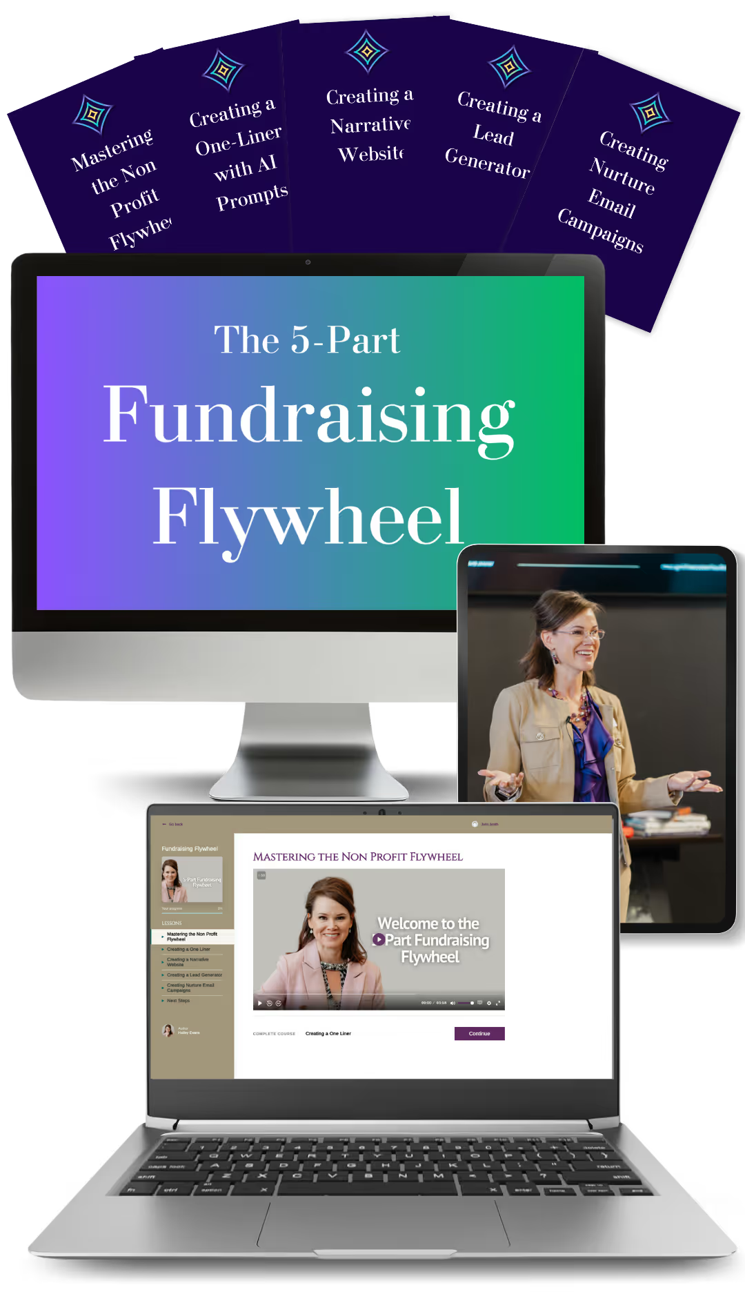 The image features a digital marketing or fundraising presentation with a computer monitor displaying the title "The 5-Part Fundraising Flywheel" and an image of a smiling woman, a tablet showing a woman giving a presentation, and a laptop screen with an online course titled "Mastering the Non-Profit Flywheel". There are additional visual elements suggesting related content, including five colorful arc-shaped panels with titles like "Mastering the Non Profit Flywheel," "Creating a One-Liner with AI Prompts," "Creating a Narrative Website," "Creating a Lead Generator," and "Creating Nurture Email Campaigns."