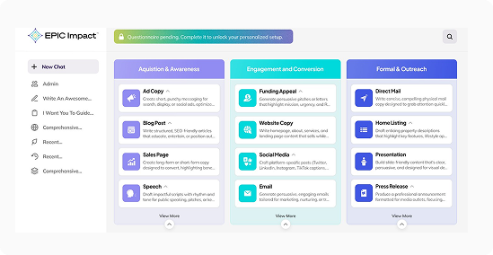 Screenshot of a user interface with sections labeled Acquisition & Awareness, Engagement & Conversion, and Formal & Outreach, featuring icons and links for various digital marketing tools and resources.