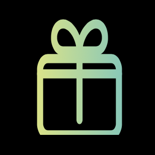 Outline of a gift box with a ribbon and bow on top, in gradient colors against a black background.