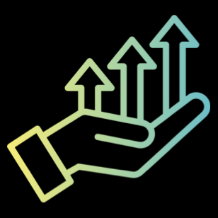 Line drawing of a hand with five arrows pointing upward, colored in gradient shades from yellow to blue.