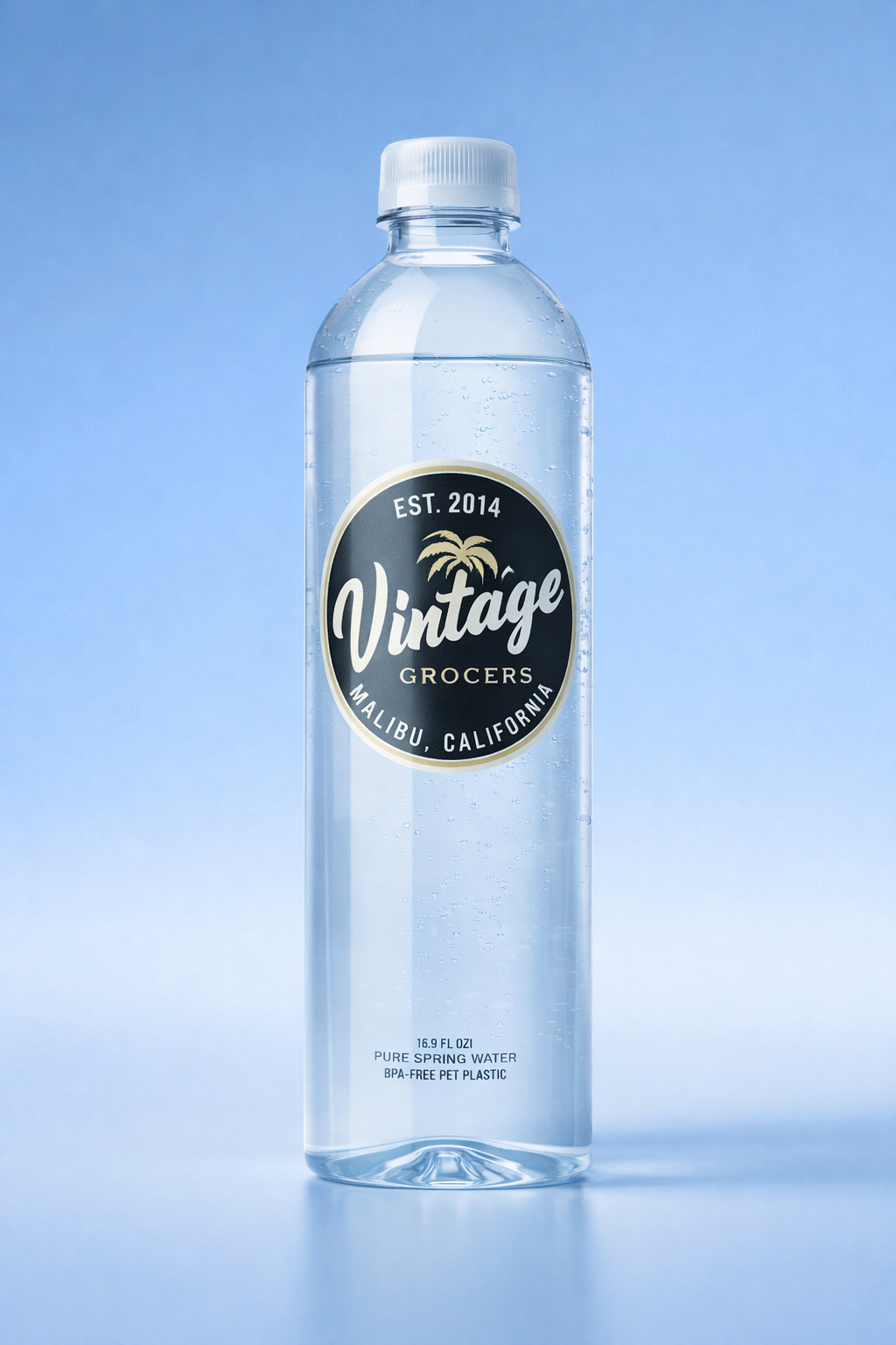 Custom labeled plastic water bottle with Vintage Grocers branding on blue background