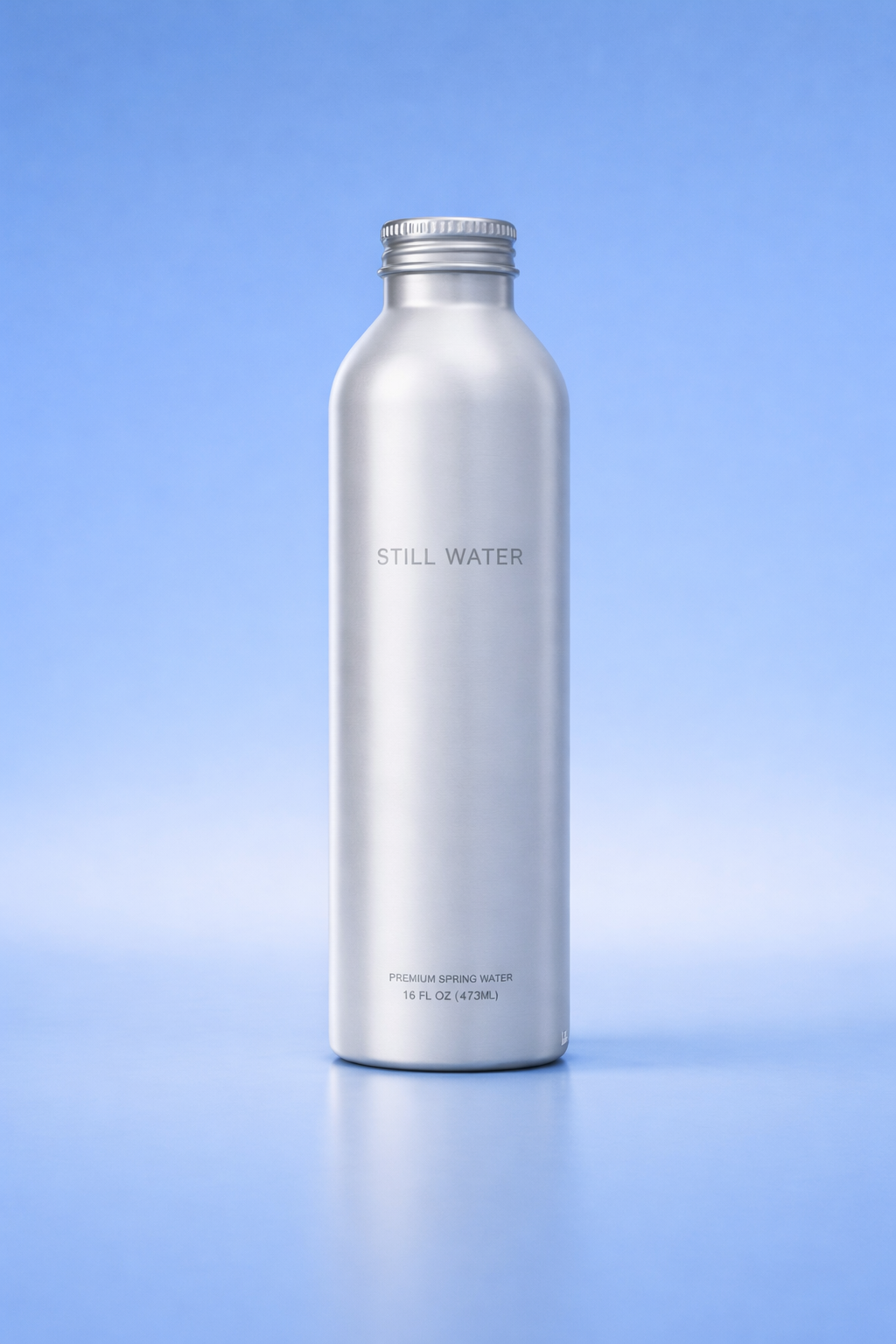 16 oz aluminum water bottle with Still Water label on blue background