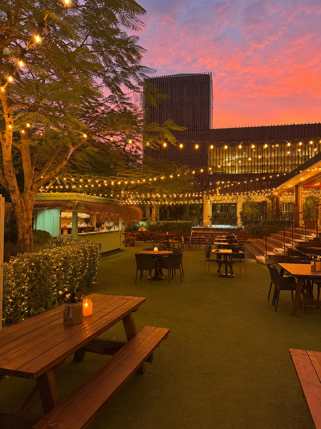 Fairy lights under a beautiful sunset with the perfect spot for private events