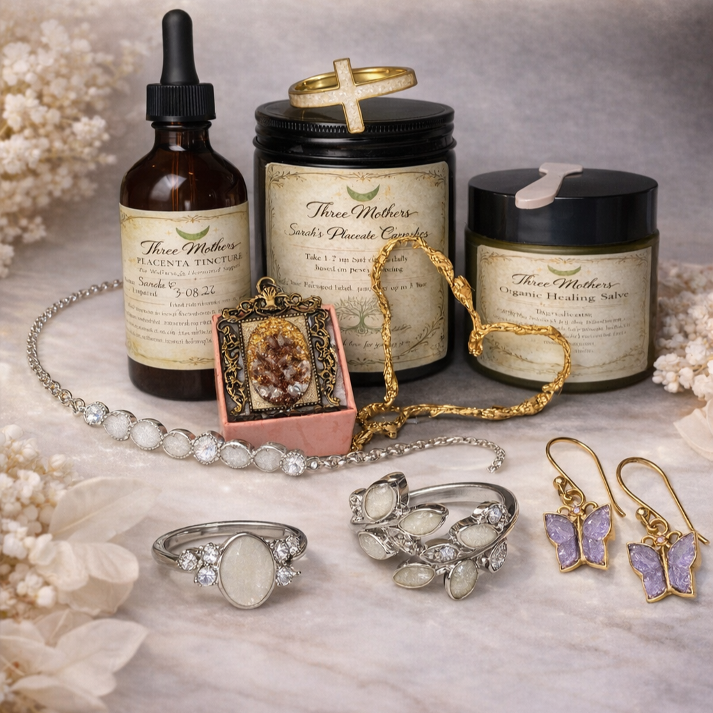 Collection of jewelry including rings, earrings, and necklaces displayed with herbal products labeled 'Three Mothers,' including placenta tincture, placenta capsules, and healing salve.