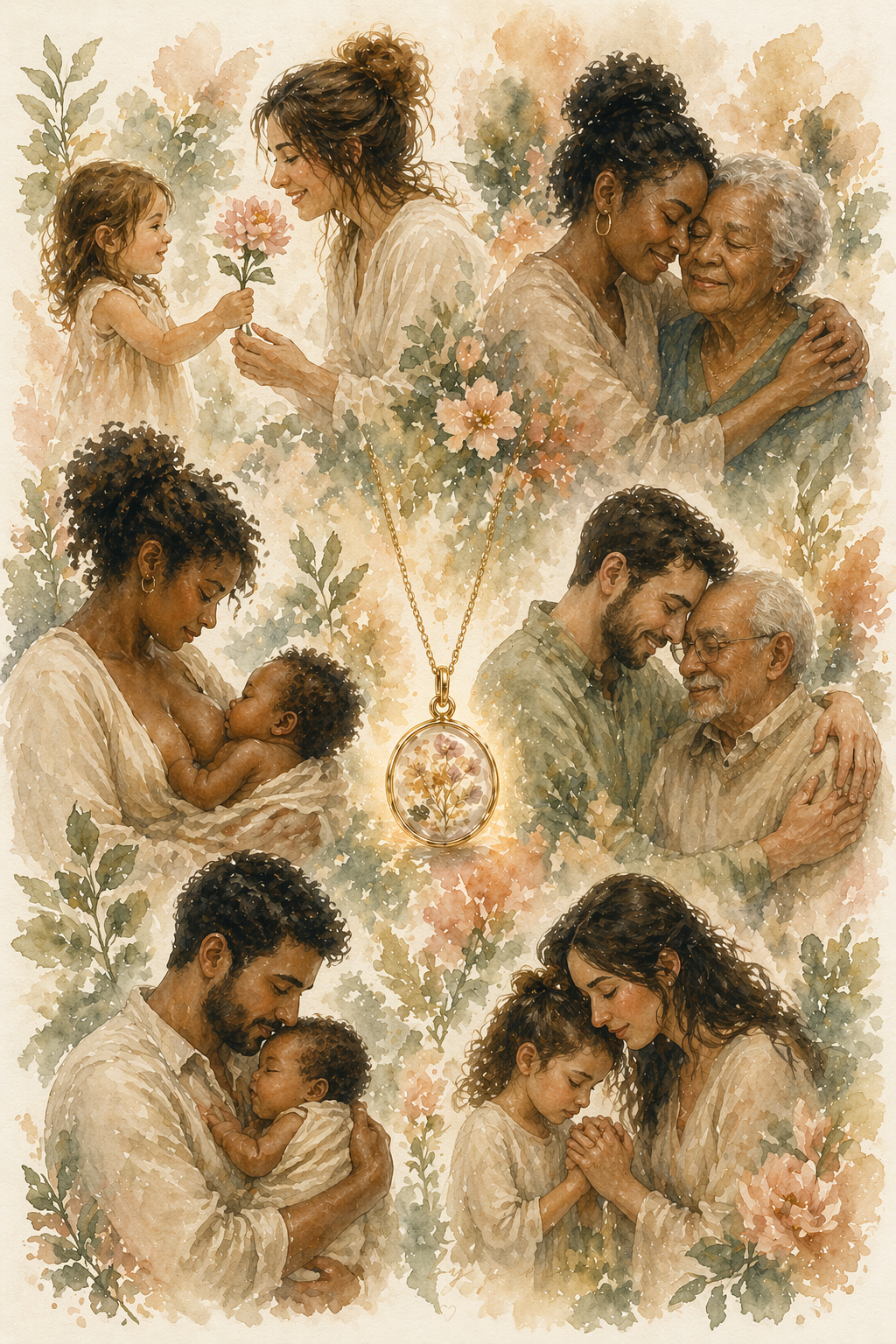A collage of family moments including a mother giving a flower to her daughter, an older woman hugging a younger woman, a mother holding her baby, a father cuddling his baby with a man, and a woman praying with a young girl, all surrounded by floral patterns and a necklace with a flower pendant at the center.