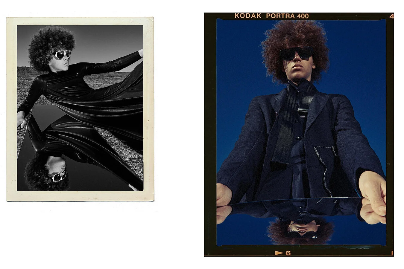 Left: MM6 Maison Margiela dress via KOT-J store, Tala Made bag and socks, Karl Lagerfeld slides via The Iconic, Carrera sunglasses // Right: Comme des Garcons Homme Plus via KOT-J store, Tala Made shirt, Carrera Sunglases