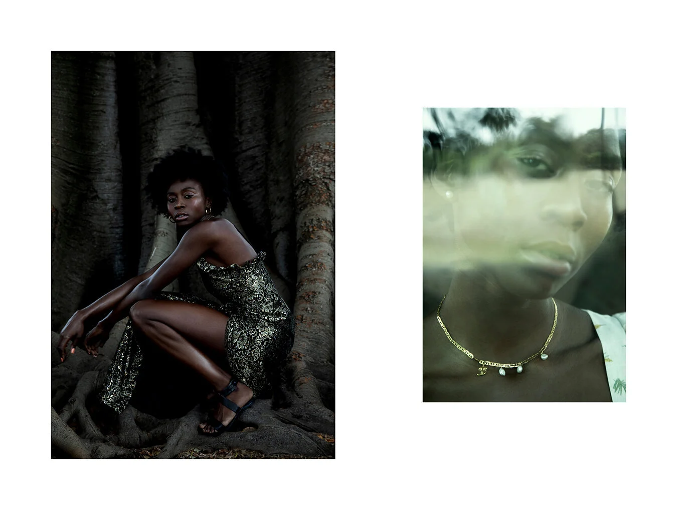 Left: Alice McCall dress, Maria Black earrings @Somedays, Stylist’s own shoes // Right: Maria Black necklace @Somedays