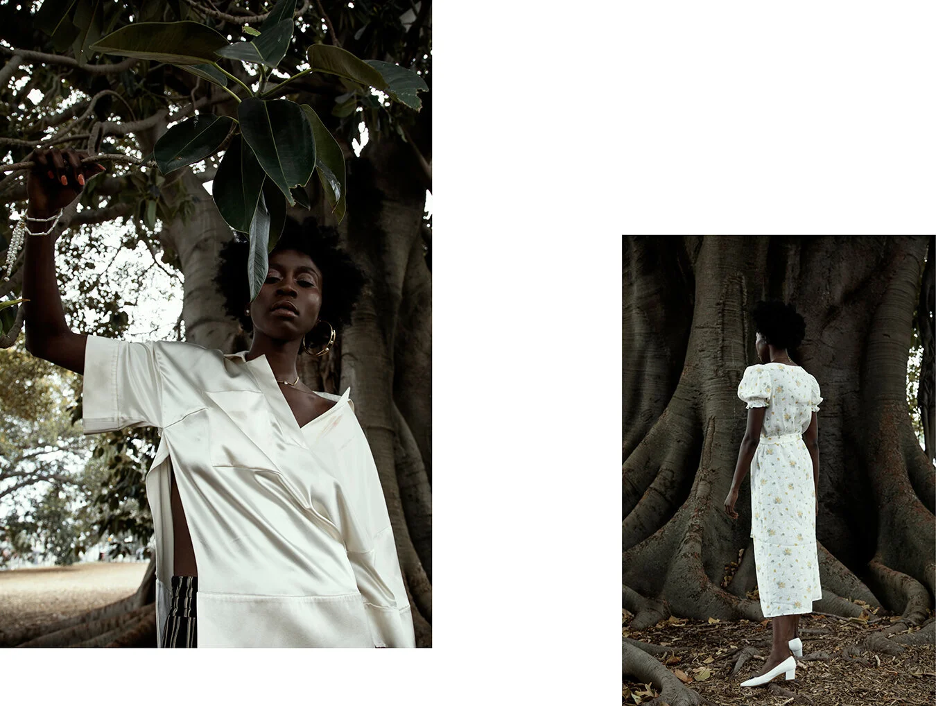 Left: Ms Min shirt, Maria Black earring @Somedays, Maria Black necklace @Somedays, Bracelets Holly Ryan // Right: Sleeper dress @Somedays, Maryam Nassir Zadeh shoes, Maria Black necklace @Somedays