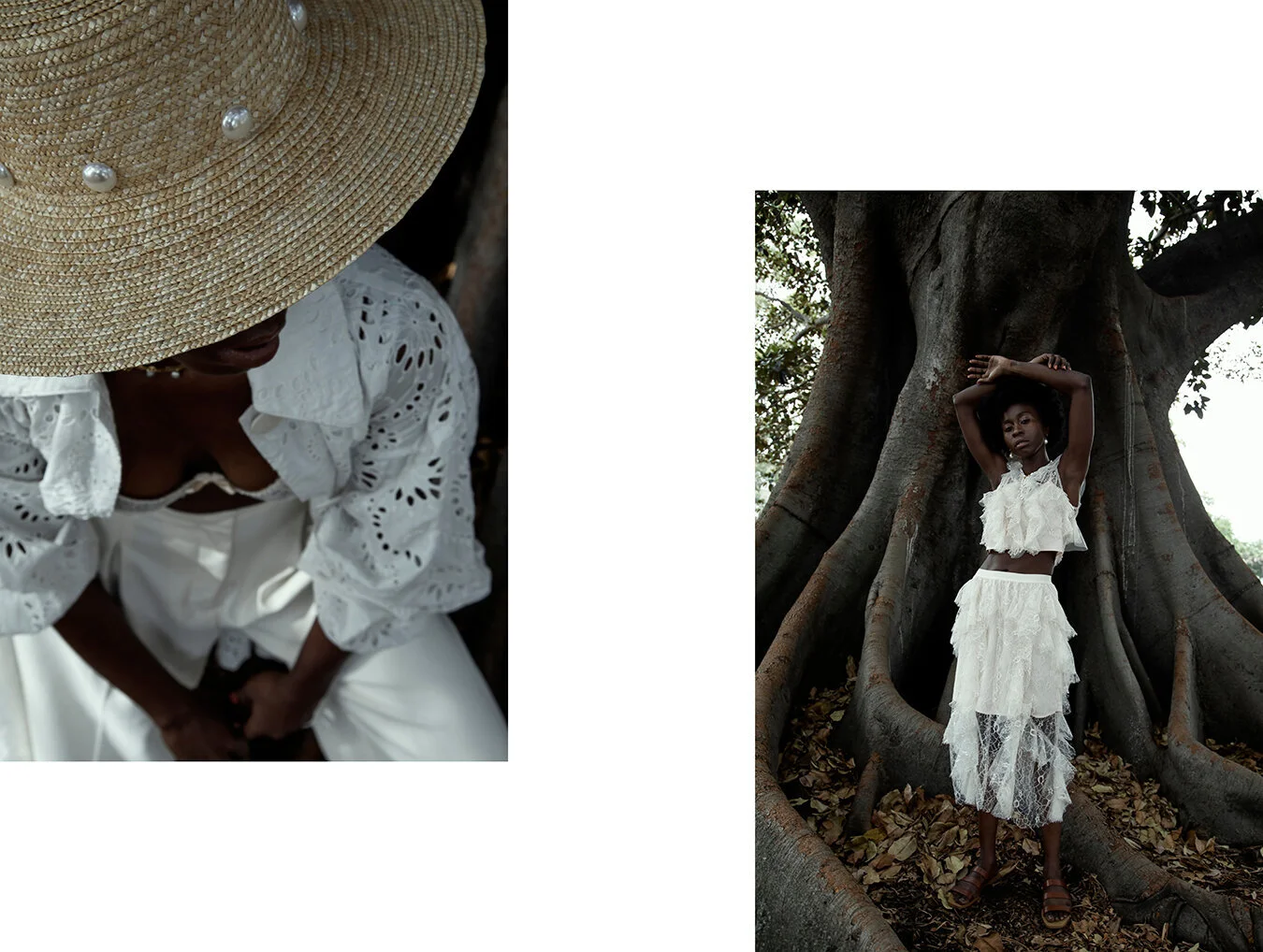 Left: Rodebjer pants @Somedays, Alice McCall jacket, Stylist’s own bra, Avenue hat @Somedays, Maria Black necklace @Somedays, Maryam Nassir Zadeh shoes // Right: Alice McCall dress, Shoes St Agni