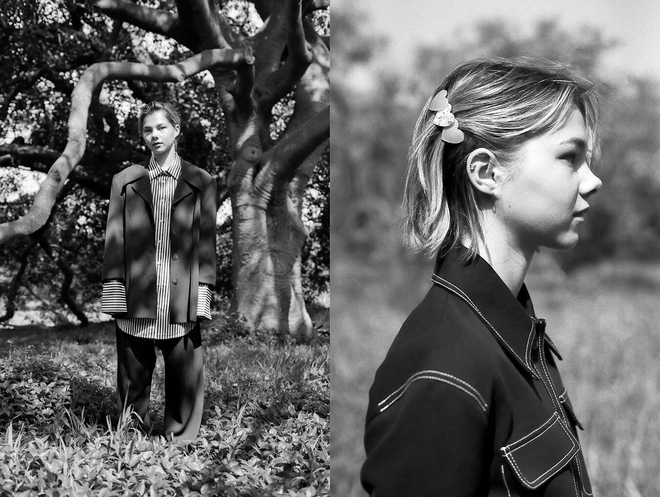Left: Suit Vintage, Shirt Anna Quan // Right: Jacket Incu Collection, Skirt Incu Collection, Clip Valet