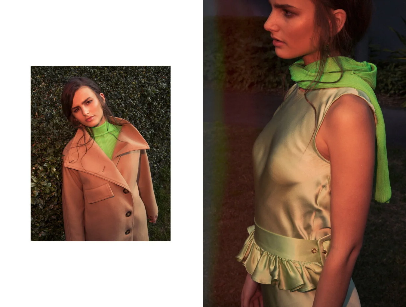 Left: Acne studios coat, Acne Studios Top , Acne Studios pants / Right: Maggie Marilyn dress
