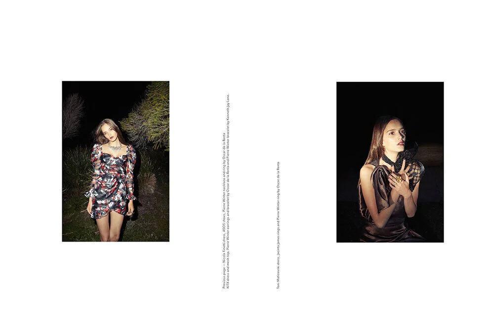 Left: Nicola Finetti dress, Marc Jacobs shoes, Pierre Winter necklace and ring by Oscar de la Renta, Heart of Bone ring // Left: Toni Maticevski dress, Jacinta James rings and Pierre Winter ring by Oscar de la Renta