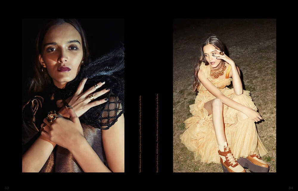 Left: Toni Maticevski dress, Jacinta James rings and Pierre Winter ring by Oscar de la Renta // Right: Nicola Finetti dress, ASOS shoes, Pierre Winter necklace and ring by Oscar de la Renta