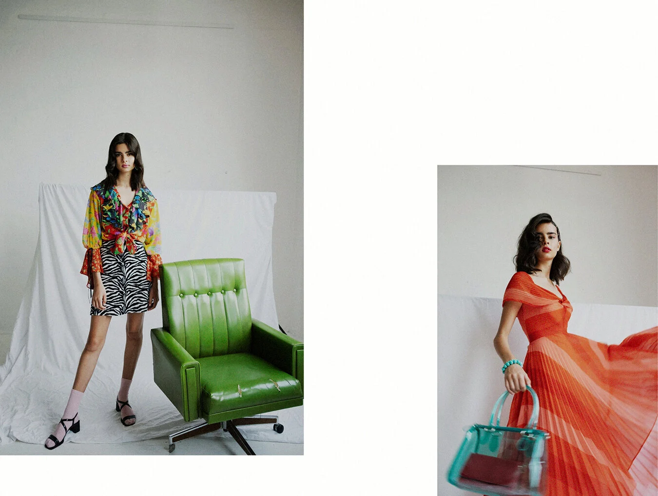 Left: Blouse, Skirt, Socks: Grunge Children Store, Earrings Janny Shoppp, Shoes Stylist's own vintage // Right: Dress Lover, Shoes Grunge Children, Store Bag Grunge Children, Store Accessories stylist's own
