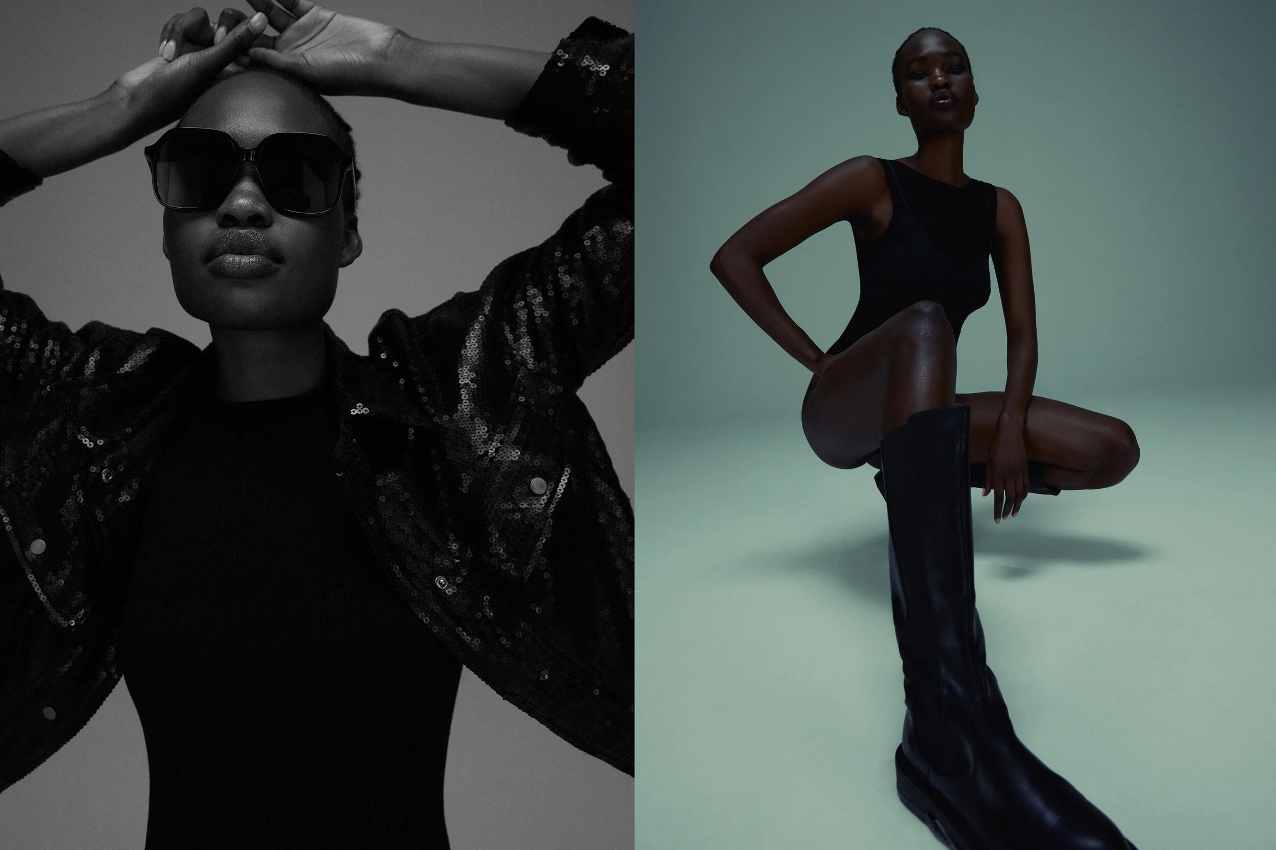 Left: Venroy body suit and Zara jacket, Local Supply eyewear // Right: Venroy bodysuit and bralette and Alias Mae boots