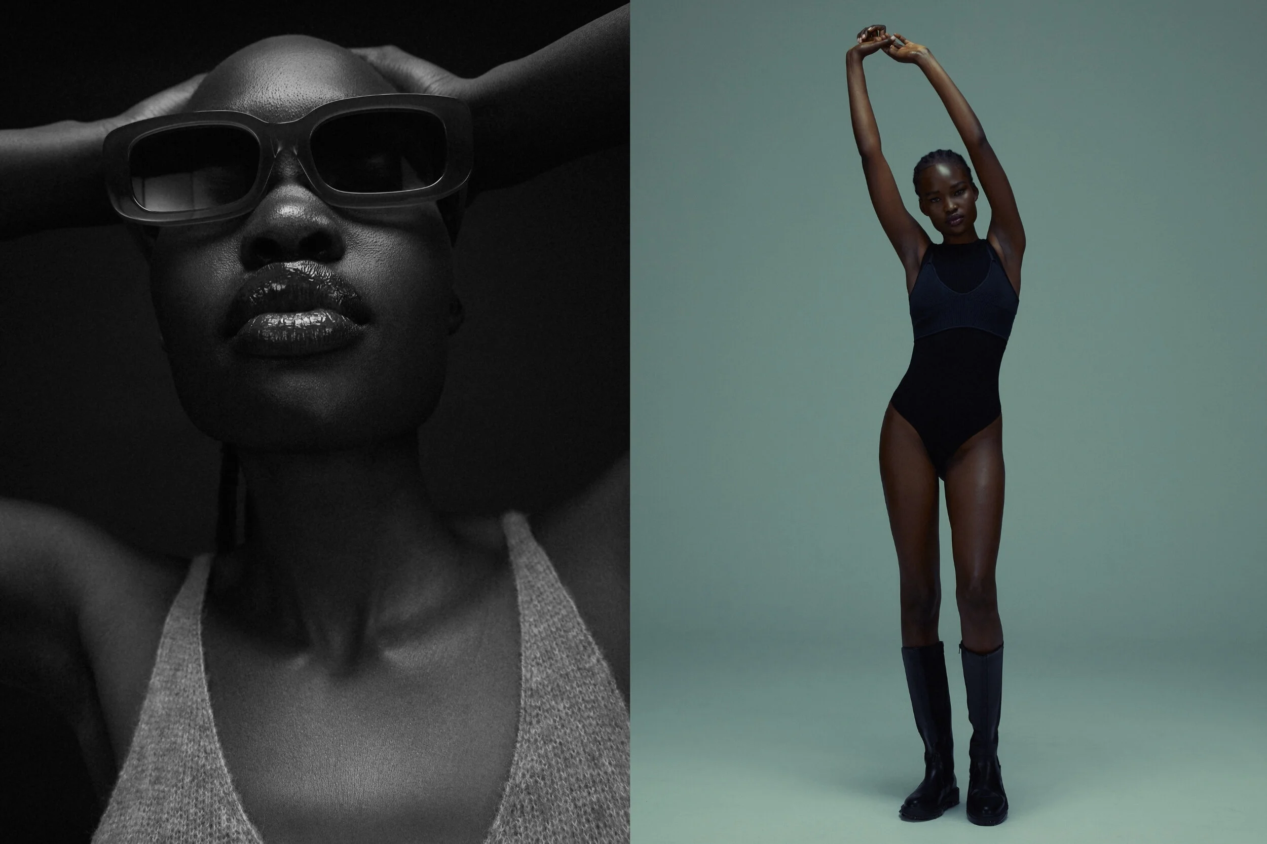 Left: Venroy dress, Local Supply Eyewear // Right: Venroy bodysuit and bralette and Alias Mae boots