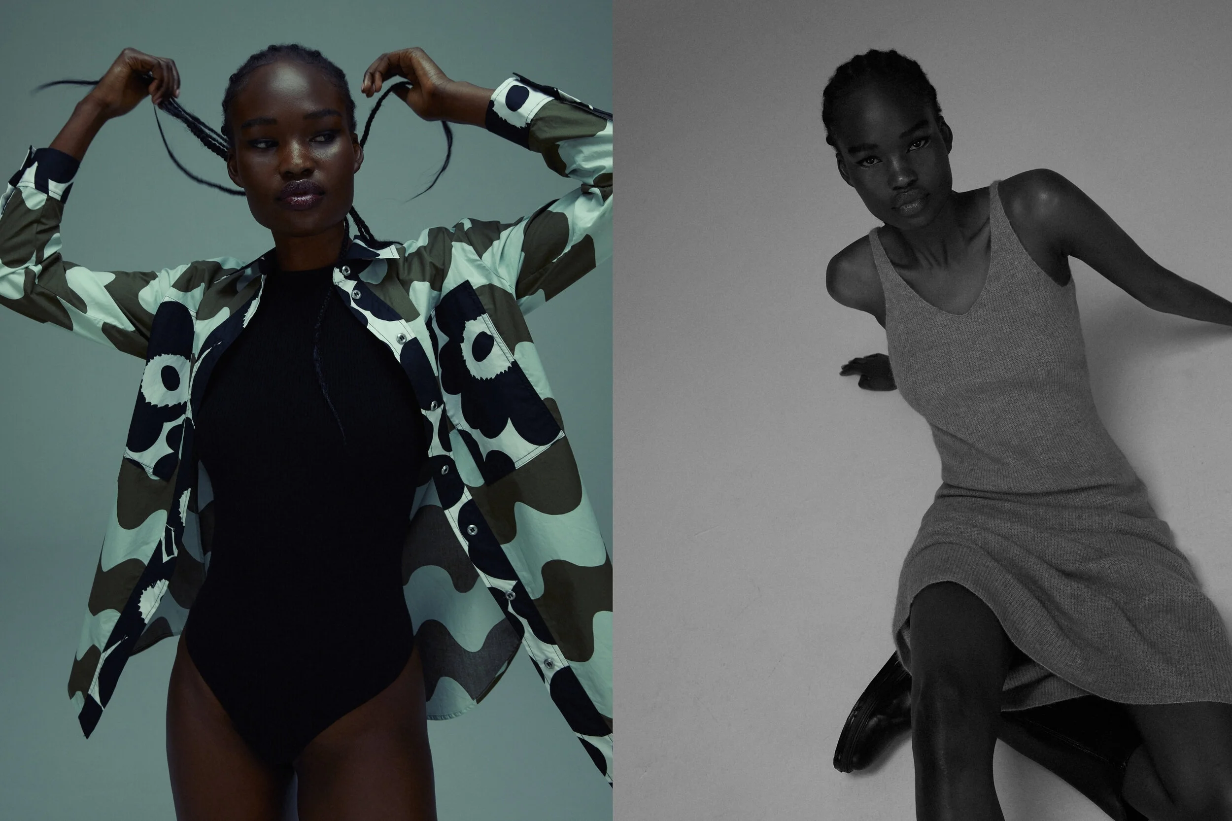 Left: Marimekko shirt and Venroy bodysuit, Alias Mae boots // Right: Venroy dress and Alias Mae boots