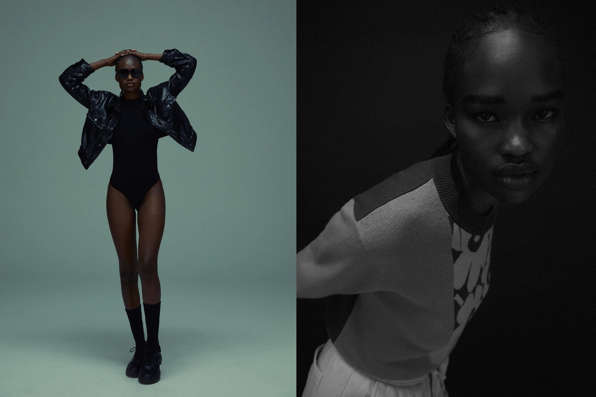 Left: Venroy body suit and Zara jacket // Right: Marimekko jumper, Venroy track pants