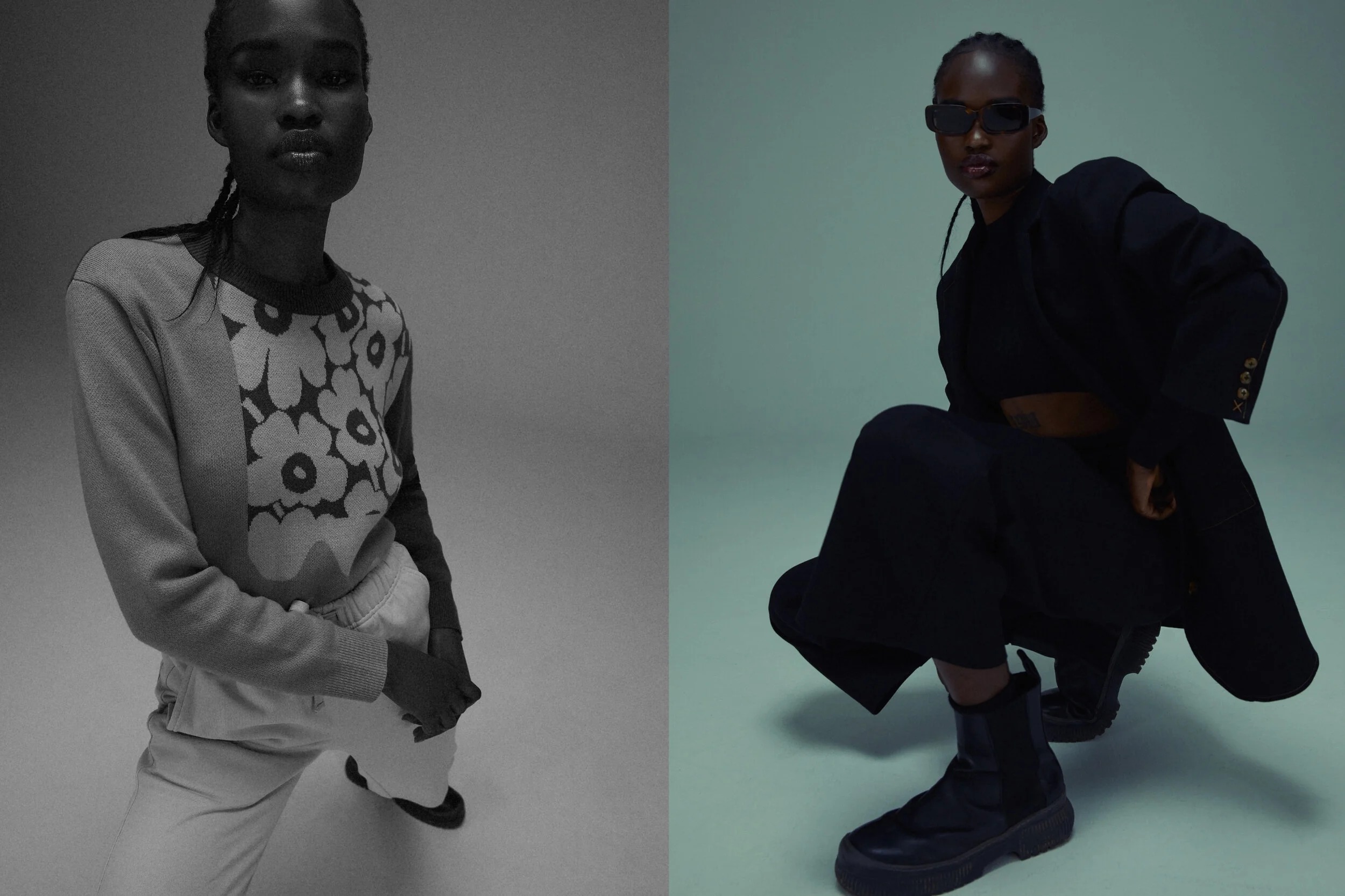 Left: Marimekko jumper, Venroy track pants and Cos boots // Right: Sir the label top, jacket and pants, Cos boots, Local Supply eyewear