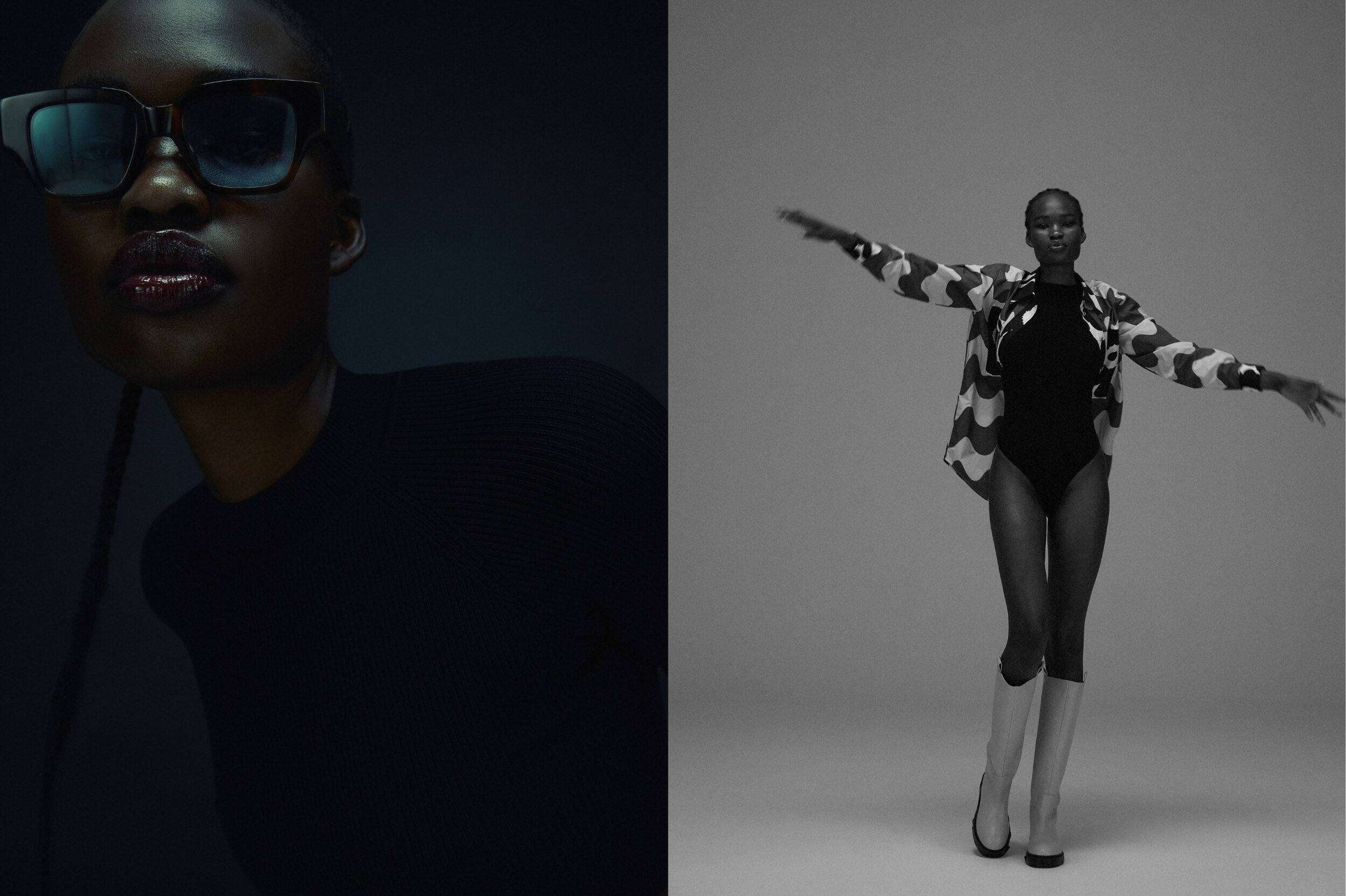 Left: Sir the label top, Local Supply eyewear // Right: Marimekko shirt and Venroy bodysuit, Alias Mae boots