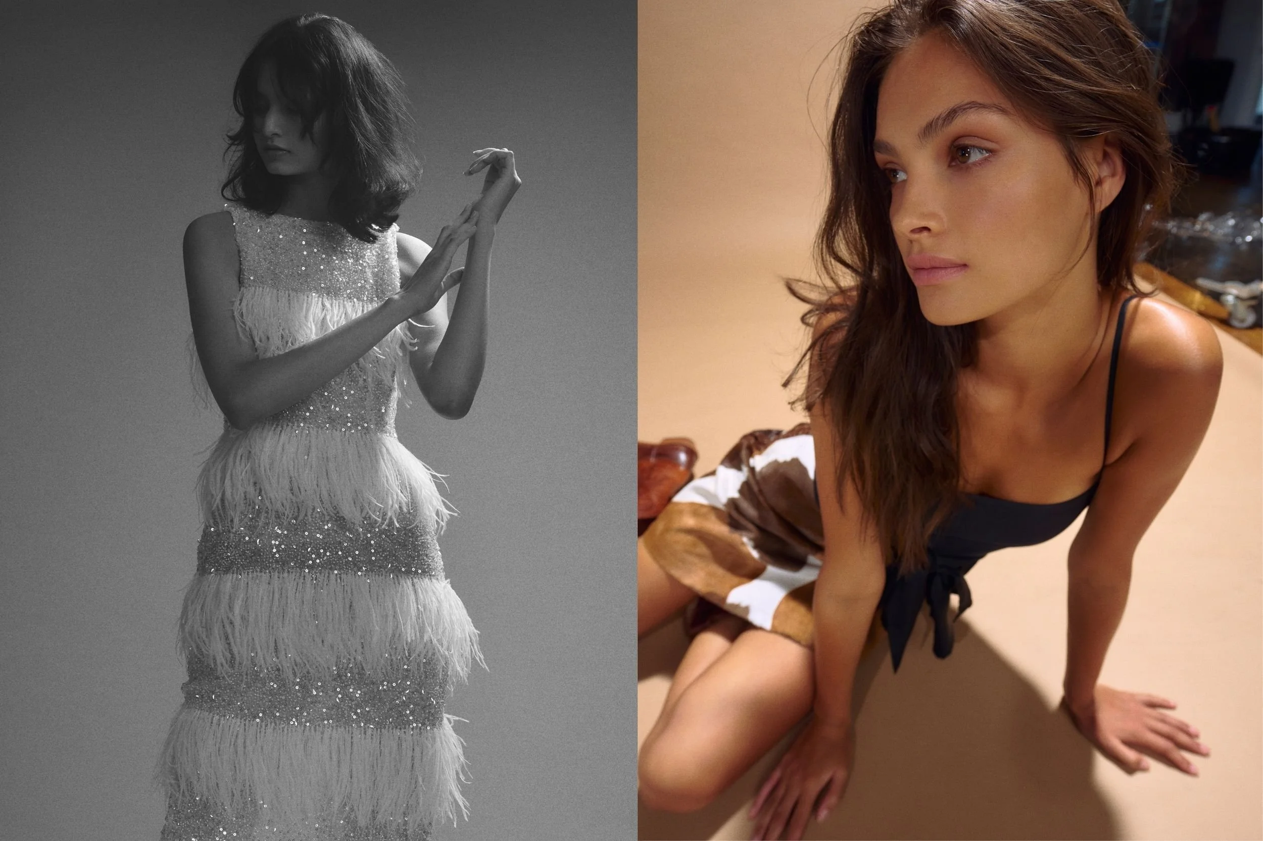  Left: Jasmine: RACHEL GILBERT white feather dress, RM WILLIAMS boots // Right: RM WILLIAMS skirt and boots, AYA MUSE top 