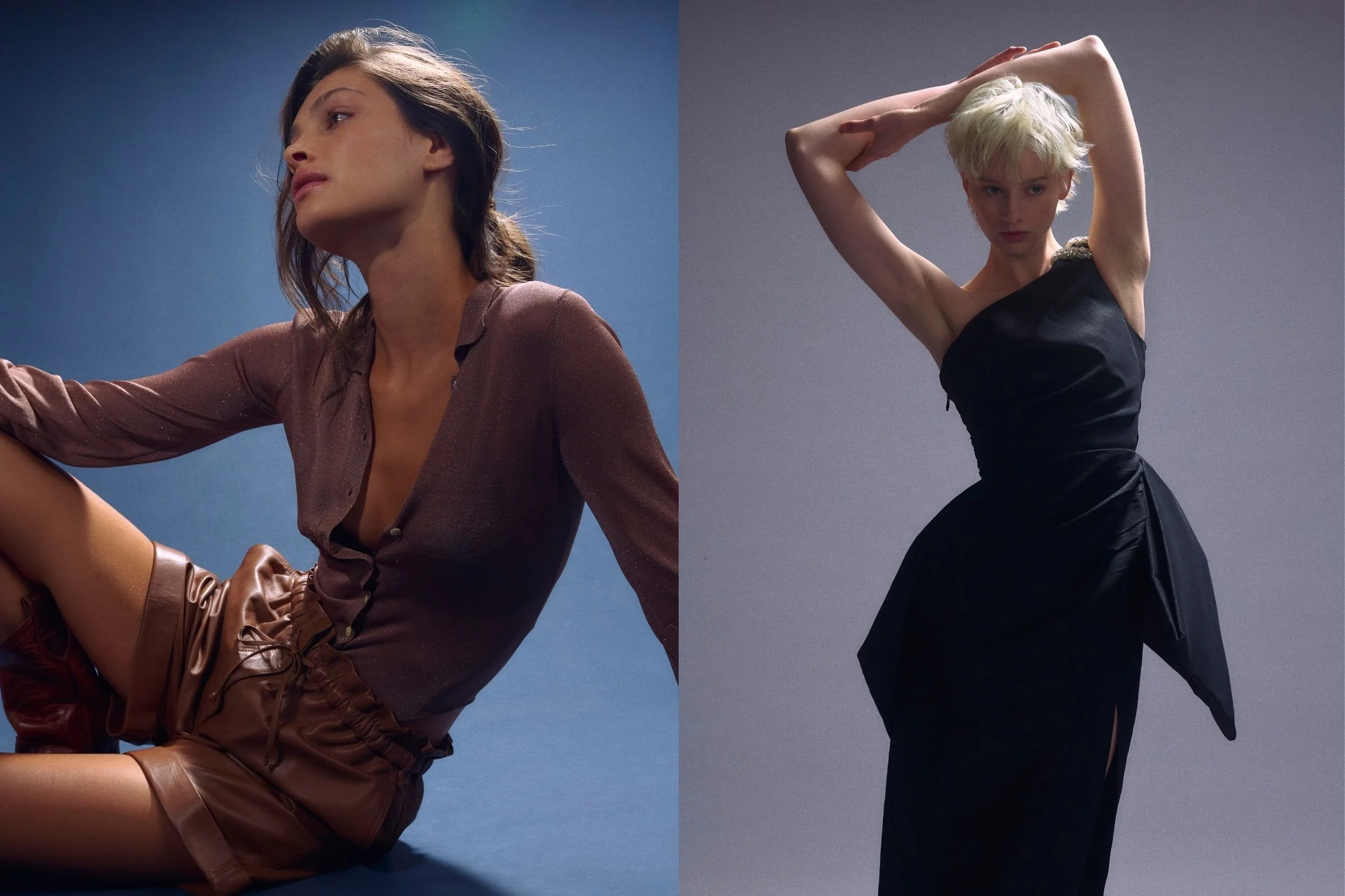 Left: AYA MUSE lurex bodysuit, COMMON HOURS bra top, RM WILLIAMS boots and leather shorts // Right: RACHEL GILBERT black bow gown 